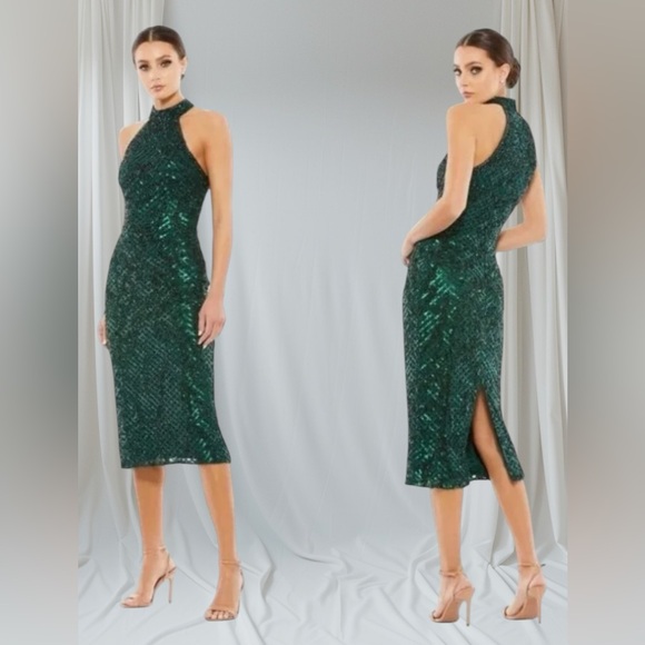 Mac Duggal Size 10 Green Embellished Halter Midi Dress NWT - Picture 1 of 12